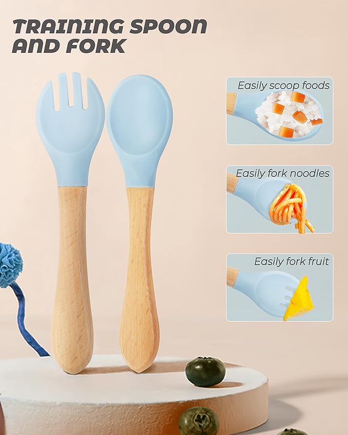 10pcs Bamboo & Silicone Baby Spoons & Forks - First Stage Baby Led Weaning, Chewable Utensils for Self-Feeding, Over 6 Months