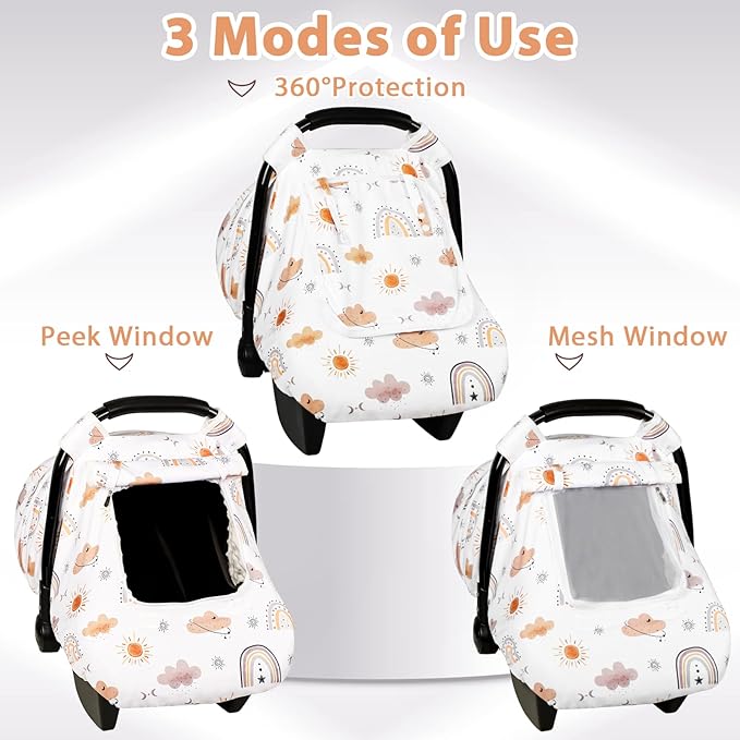Car Seat Cover Baby, Anti-Kick Carseat Covers Baby Girl, Warm Minky Infant Car Seat Canopy with Mesh Window, Multi-Use Cover Protecting Baby from Wind, Sun, Strangers, White Rainbow