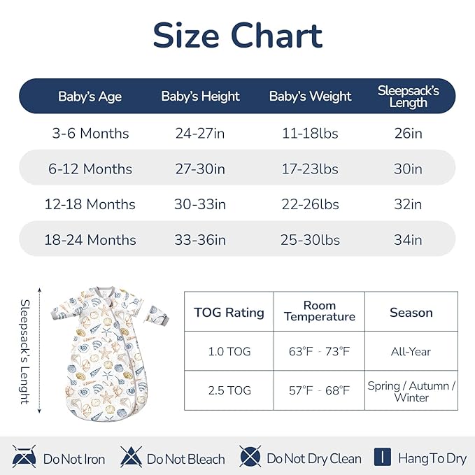 Baby Sleep Sack 3–6 Months, Cotton Sleep Sack with Detachable Long Sleeves, 1.0 TOG Wearable Blanket for Cooler Nights, 2-Way Zipper Toddler Sleeping Sack with Temperature Strip, Ocean