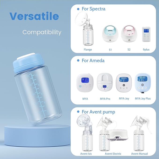 IVARONAL 4 Pack 10oz Wide-mouth Breastmilk Storage Bottle for Momcozy 22oz Portable Breast Milk Cooler, Pumping Storage Containers Compatible with Spectra S1/S2/9 Plus/SG/Motif Luna (4PC/Blue Lids)