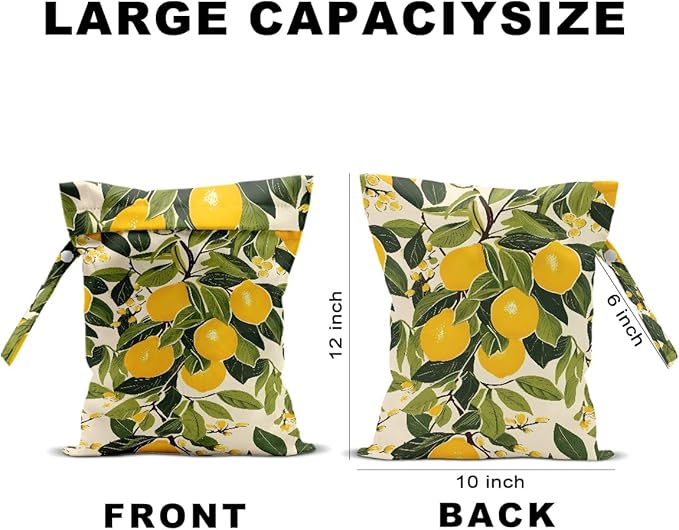 Hanamiya Na 2Pcs Lemon Print Wet Bags, Wet Dry Bag Reusable Zipper Pouch for Swimsuit, Diapers, Travel, Pool, Beach, Dirty Yoga Gym Clothes, Toiletries, Waterproof Birthday Christmas Gifts