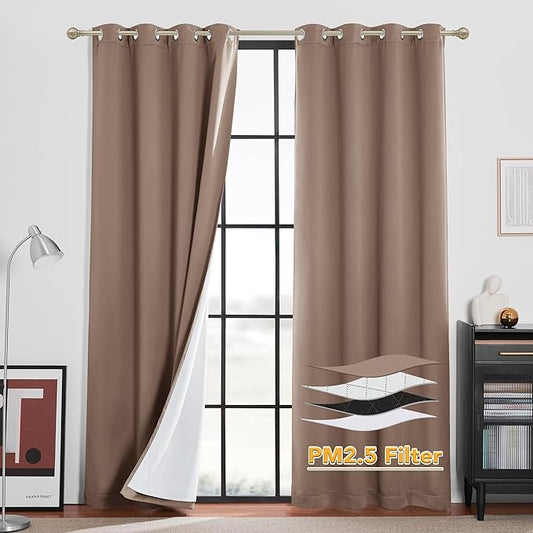 RYB HOME Soundproof & Dust Particle Filtering Curtains Blackout Window Treatment for Bedroom Living Room Divider Nursery Daytime Sleeping Patio Door, Mocha, W52 x L 108 inch, 2 Panels