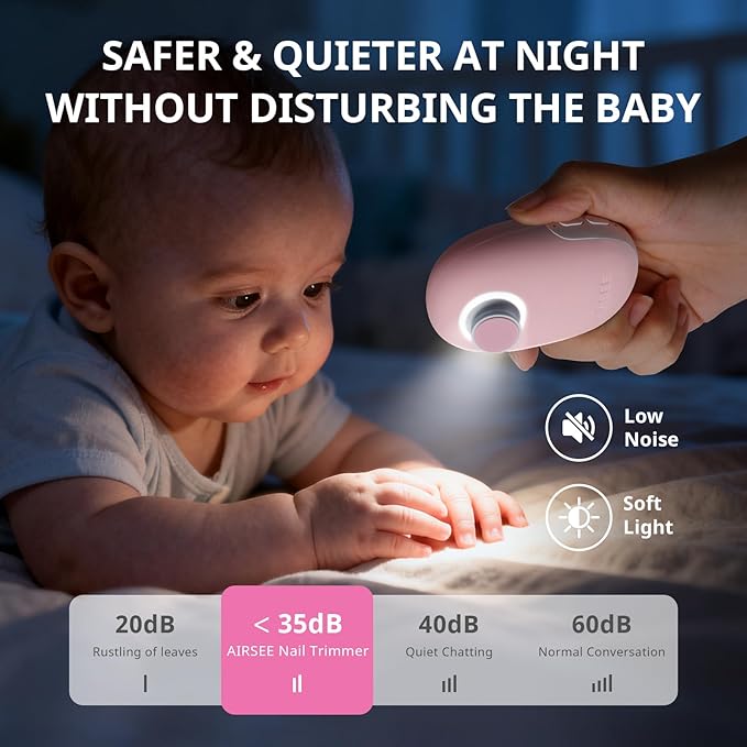 AIRSEE Premium Newborn Gift, Electric Baby Nail File, Cordless Safe Infant Nail Trimmer with 6 Replacement Pads, Magnetic Rechargeable Base, 360° LED Light, Baby Grooming Kit Gift (Candy Pink)