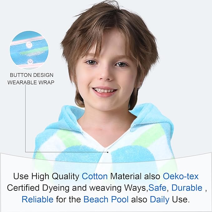 VOOVA & MOVAS Toddler Beach Towel (3-10Years), Absorbent Quick Dry Lightweight Towel Wrap with Hood for Pool | Swim | Bath, Blue Dot Strip