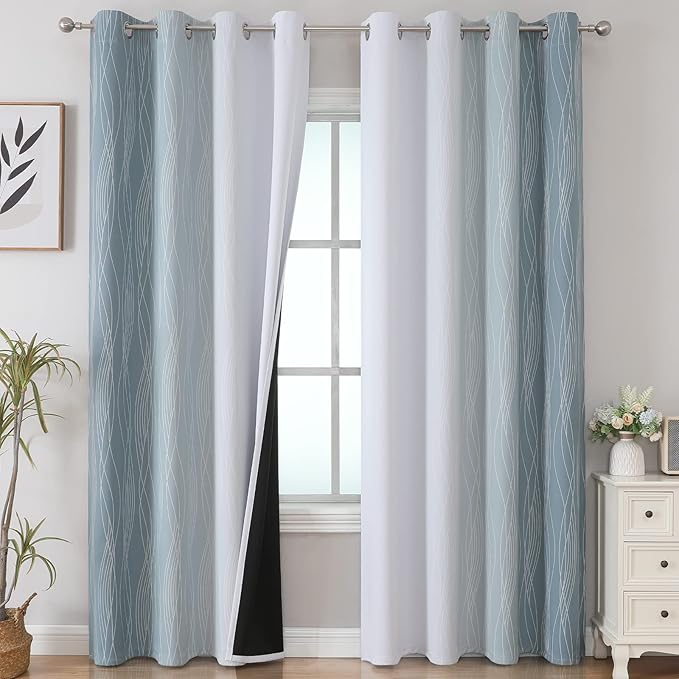 Estelar Textiler Blackout Curtains 102 Inches Long 2 Panels for Living Room, Stone Blue and Greyish White Thermal Insulated Full Light Blocking Ombre Grommet Drapes for Bedroom, 52Wx102L