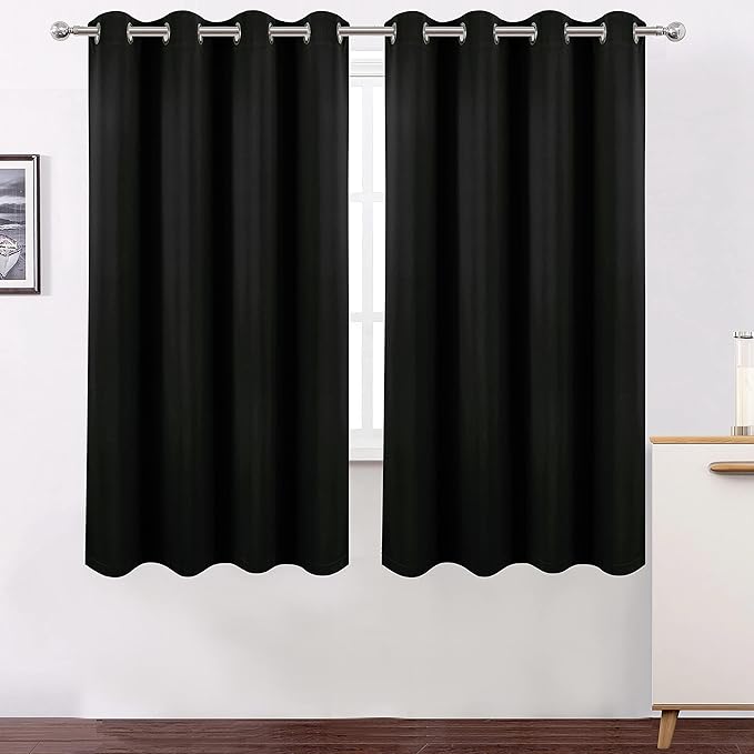 LEMOMO 100% Blackout Curtains 52 x 63 Inch/Black Curtains 2 Panels with Black Lining Room Darkening Thermal Insulated Bedroom Curtains