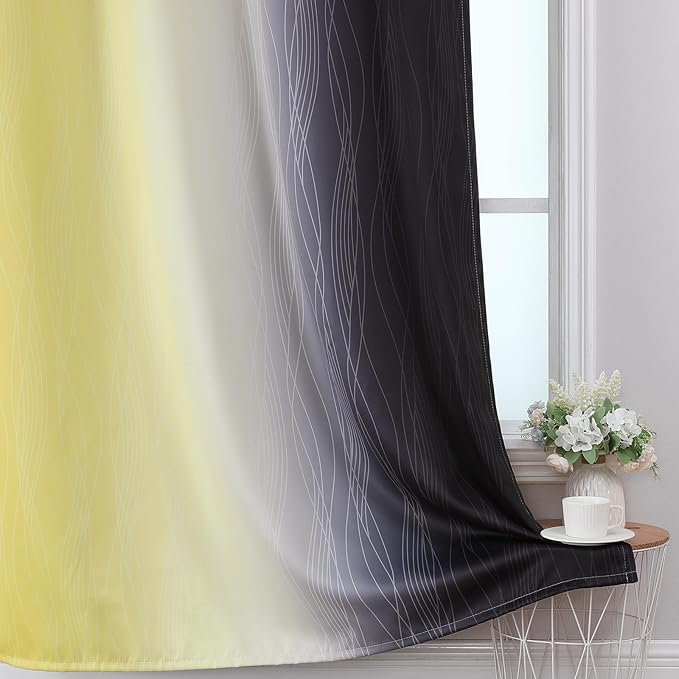 Estelar Textiler Black and Yellow Ombre Blackout Curtains for Bedroom, Full Room Darkening Grommet Curtains for Living Room, Thermal Insulated Light Blocking Gradient Drapes, 42Wx84L,2 Panels