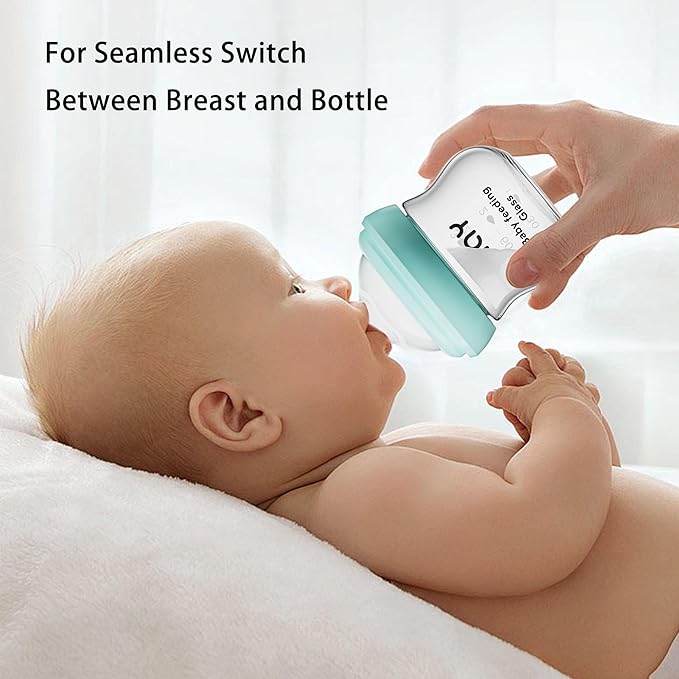 yanyoyo Natural Glass Baby Bottle for Breastfeeding Babies, 5.4oz Anti-Colic Baby Bottle with Natural Response Nipple(S), Clear, Wide Neck, 4 Pack, 1 Months+