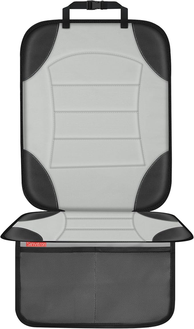 Sinvitron Car Seat Protector for Child Car Seat, Waterproof Car Seat Cover for Leather and Fabric Seats, 2 Mesh Pockets, Non-Slip Bottom, Thick Padding Cushion(1 Pack, Grey)