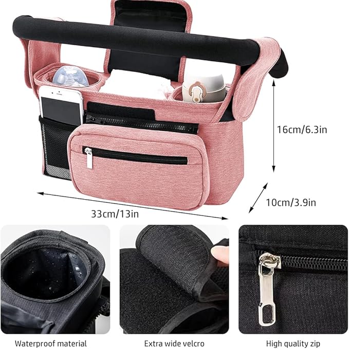 Baby Stroller Organizer, Universal Stroller Organizer with Detachable Phone Bag, Stroller Caddy with 2 Insulated Cup Holders, Buggy Organizer Bag with 2 Hooks Fits Most Strollers (Pink)