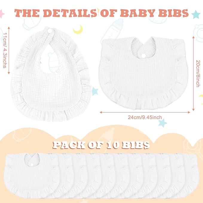 Seematn 10 Pcs Baby Muslin Bibs for Unisex Girls & Boys Drool Bibs Bandana Ruffle Soft Cotton for Newborn Infants Toddlers(White)