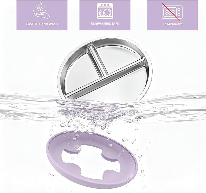 Bakpoco Stainless Steel Baby Plate with Suction, 8” Divided Toddler Plates with Removable Silicone Sleeves for Kids, Non-Toxic Non-Slip Unbreakable Dishwasher Safe Dinnerware Set of 2, Pink & Lilac