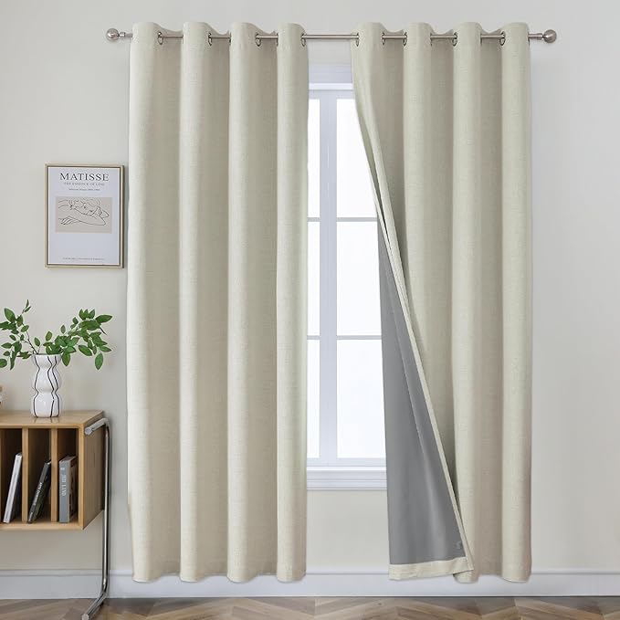Joydeco Blackout Curtains 90 Inches Long 2 Panels Burg, Room Darkening Curtains for Bedroom, 100% Black Out Textured Thermal Drapes Privacy Protection 2 Panels Set(W42 x L90 Inch, Light Beige)