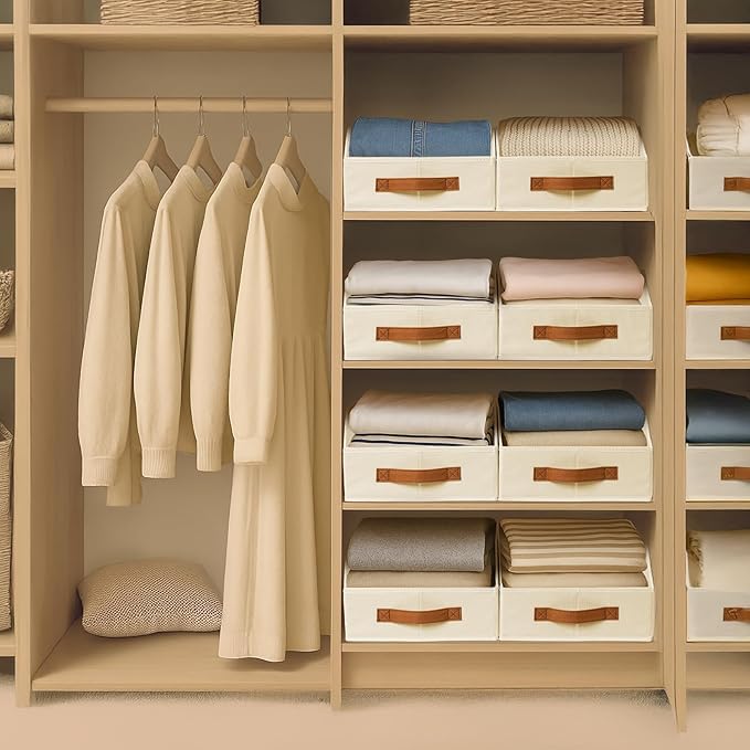Fabric Storage Bins for Organizing - 12 Pack Large Trapezoid Collapsible Storage Bins with Front Handle, Closet Organizers and Storage for Bedroom, Home Shelves, Small Spaces, Beige