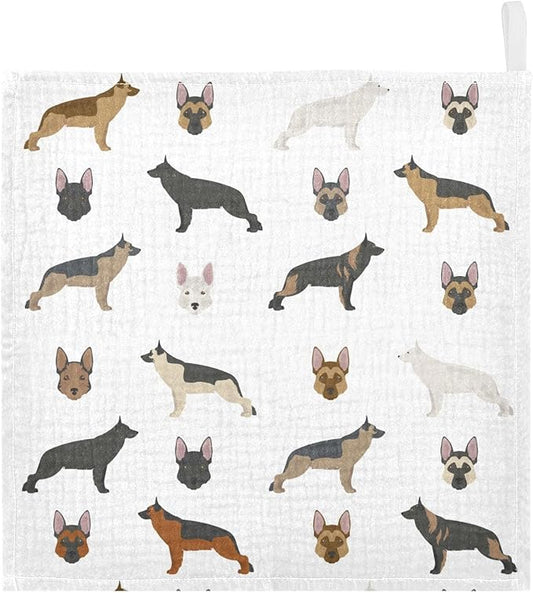 vvfelixl Baby Muslin Washcloths Cute German Shepherd Dog Baby Burp Cloths Cotton Baby Face Towel for Newborn Infants Boys Girls Soft and Absorbent 11.8 X 11.8 in, 3 Pack