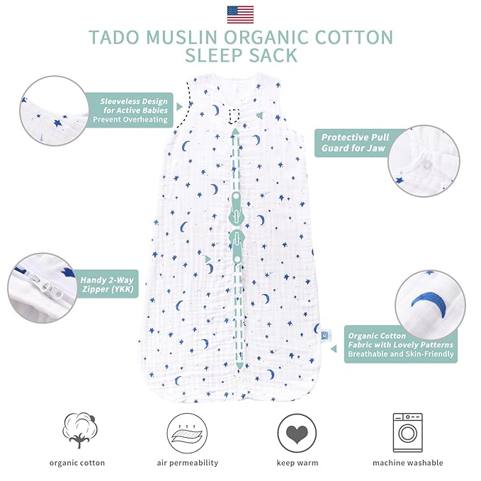 TADO MUSLIN Toddler Sleep Sack 2-4T, 0.5 TOG Lightweight Wearable Blanket, 100% Organic Cotton Muslin, Sleeveless, 2-Way YKK Zipper, OEKO-TEX Certified, Star Moon