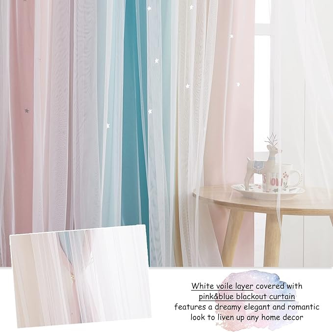 NICETOWN Kids Room Decor Curtains for Girls Nursery, Star Cut Princess Room Design Curtains with Versatile Styling Options for Backdrops (Pink & Yellow & Green & Pink, Each is W52 x L84, Sold by 2)