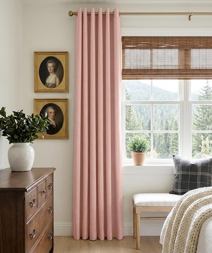 100% Blackout Shield Linen Blackout Curtains for Bedroom, Blush Pink Grommet Curtains for Living Room, Thermal Insulated Room Darkening Drapes for Nursery, Boho Home Decor, 50" W x 96" L, 2 Panels