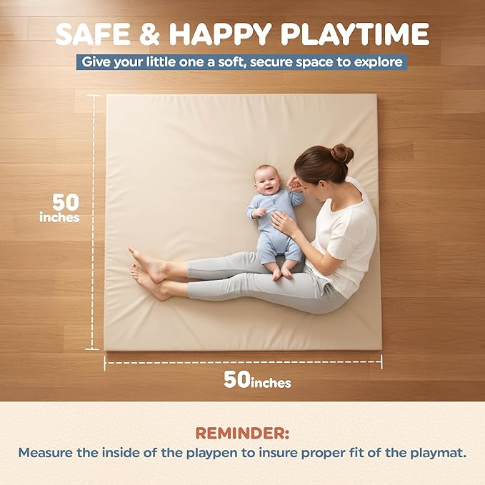 Play Mat Cover Only – Fits 50x50x1 Rollable Foam Floor Mat for Babies – Waterproof, Easy to Clean Replacement Cover for Tummy Time & Crawling – Beige