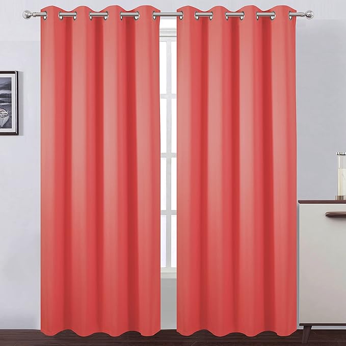 LEMOMO 100% Blackout Curtains 52 x 84 Inch/Coral Curtains 2 Panels with Black Lining Room Darkening Thermal Insulated Bedroom Curtains