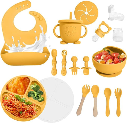 Baby Led Weaning Supplies, 17 Piece BPA-Free Silicone Feeding Set, Eating Essentials Baby Utensils with Suction Plate and Bowl, Pocket Bib, Sippy Cup with Lid, for 6+ Months, Yellow