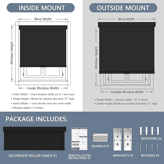 AOSKY Blackout Roller Shades Cordless Blinds for Windows, Free-Stop Shades with Valance, Thermal Insulated Fabric, UV Protection, Natural Woven Blinds for Home and Office (59" W x 72" H, Black)