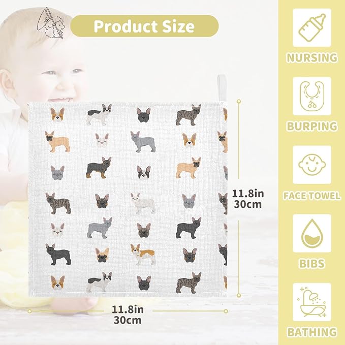 vvfelixl Baby Cotton Washcloths Different French Bulldog Infants Bath Towel for Unisex Puppy Face Towels for Newborn, Natural Baby Wipes Delicate Skin, 11.8 X 11.8 inch, one sizex5