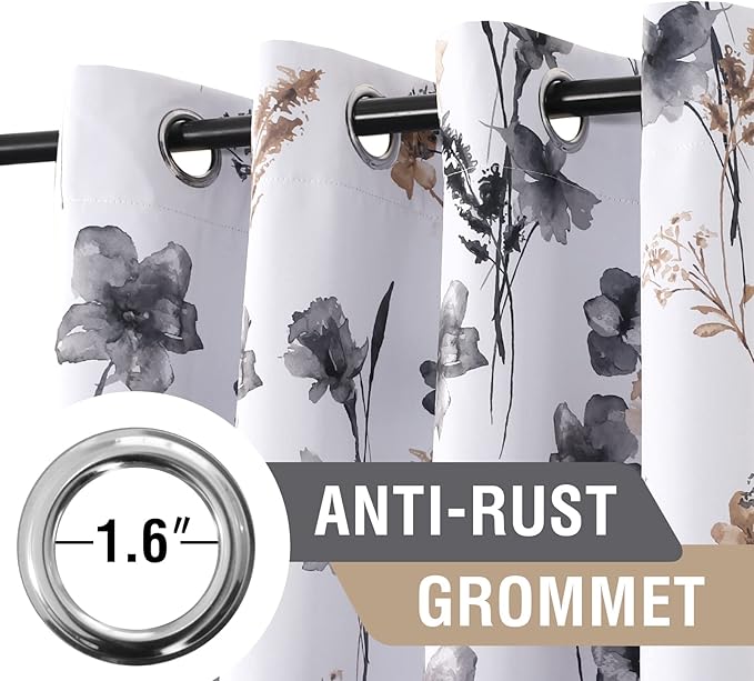 H.VERSAILTEX 100% Blackout Curtains 108 inch Length 2 Panels Set Cattleya Floral Printed Drapes Leah Floral Thermal Curtains for Bedroom with Black Liner Sound Proof Curtains, Grey and Taupe