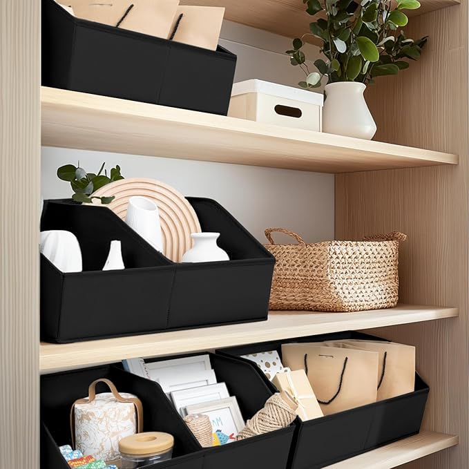 Closet Organizers and Storage Bins - 6 Pack Collapsible Divided Trapezoidal Cube Storage Bins Baskets with Orange Handle for Organizing Clothes Blankets, Toys, Books, Towels(Black)