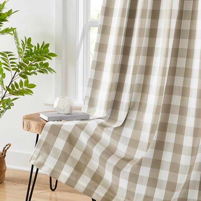 Amzdecor Buffalo Plaid Check Full Blackout Curtain Woven Checkered GEO Thermal Insulated Energy Efficient Drapes Grommet 2 Layers Window Treatment for Bedroom Living Room,2 Panels,40"x63",Beige/White
