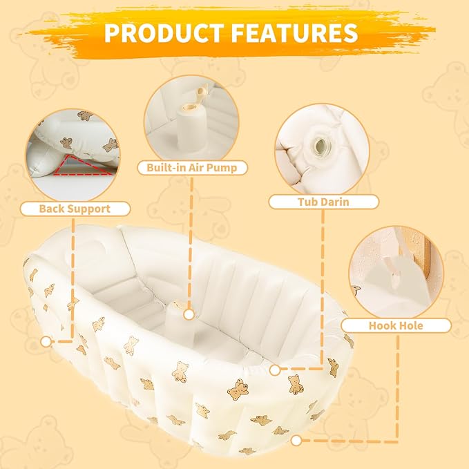 Inflatable Baby Bathtub with Built in Pump, Collapsible Safe Baby Bathtub for Newborns and Baby, Non-Slip Travel Mini Swimming Pool for Babies 0-5 Years Old - Bear