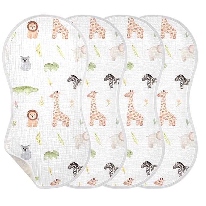 WELLDAY Muslin Baby Burp Cloths Set of 2, Soft Absorbent Safari Animals Muslin Washcloths, Bibs, Face Towel for Newborn Boys Girls, 22 x 11 Inch
