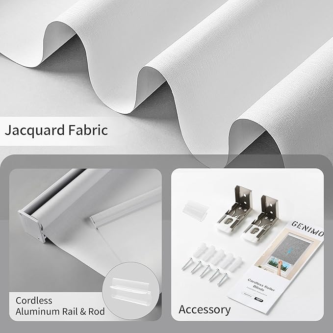 GENIMO 100% Blackout Blinds for Indoor Windows, Cordless Window Shades, Jacquard Thermal Insulated, UV Protection Fabric, Window Blinds for Home, Office, Bedroom, Easy to Install, White, 29" W X 72" H