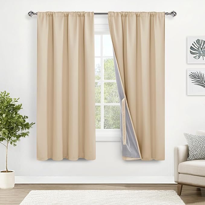 XWZO 100% Blackout Curtain Panels - Rod Pocket & Back Tab Thermal Insulated, Noise Reducing and Heat Blocking Drapes for Hall and Studio Windows with Tiebacks, Biscotti Beige, W52 x L63, Set of 2