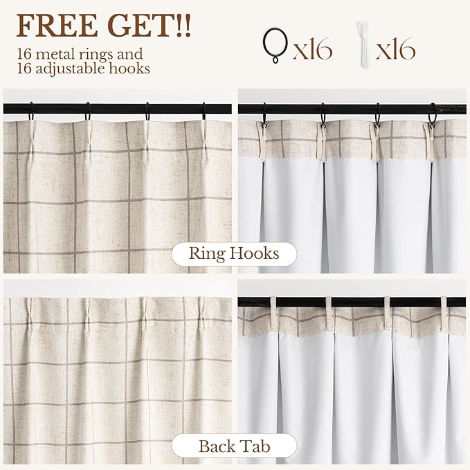 Plaid Pinch Pleated Curtains - Modern Luxury Linen Buffalo Blackout Drapes, Thermal Insulated Double Layer Window Panels for Living Room Bedroom, 102 Inches Long Brown 2 Panels Set