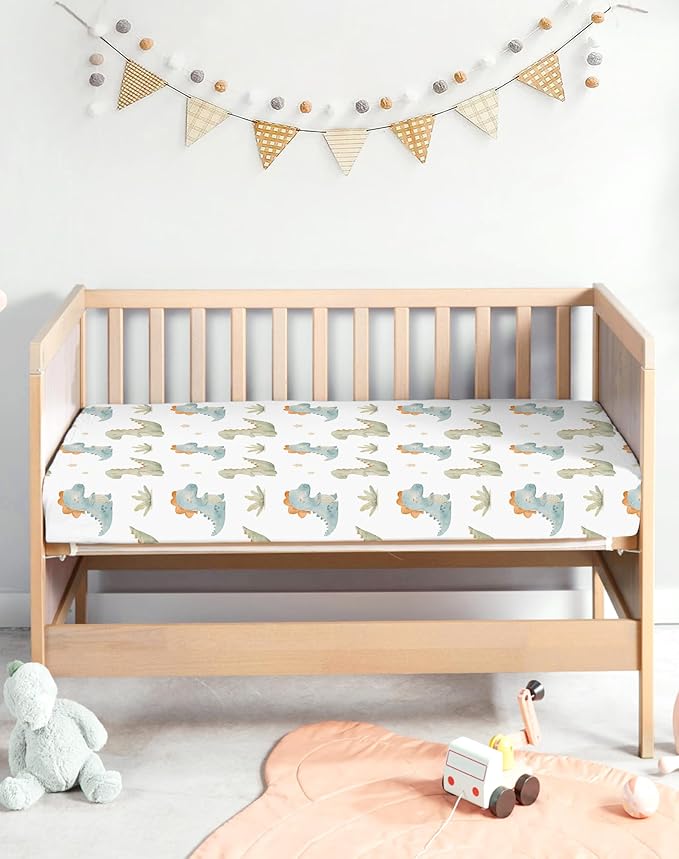 Crib Sheets for Boys and Girls, 2 Pack Fitted Baby Sheets for Standard Toddler Mattress 28" x 52", Soft Breathable Jersey Knit Baby Bedding (Tiny Dinos)