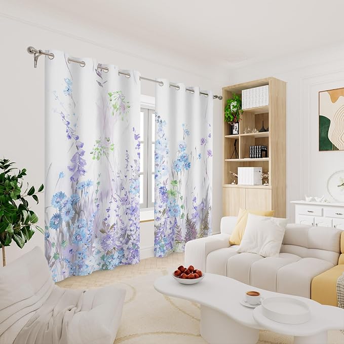 Renaiss Purples Blue Floral Print Blackout Curtains, Pastel Wild Flowers Thermal Insulated Bedroom Window Curtains, Spring Floral Art Window Curtains for Kitchen, 55" L x 29" W 2 Panel Set