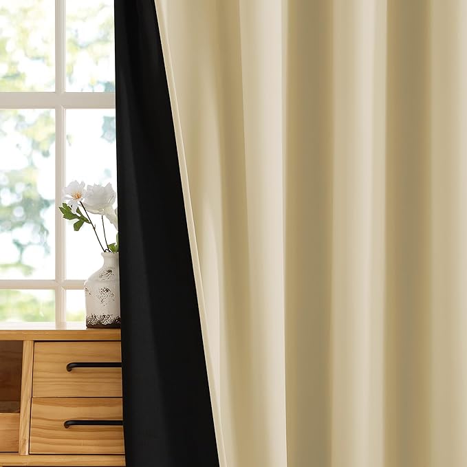 RYB HOME 100% Blackout Beige Curtains for Living Room, Heat Blocking Energy Efficient Boho Farmhouse Window Drapes for Bedroom Nursery, 52 inches Wide by 96 inches Long