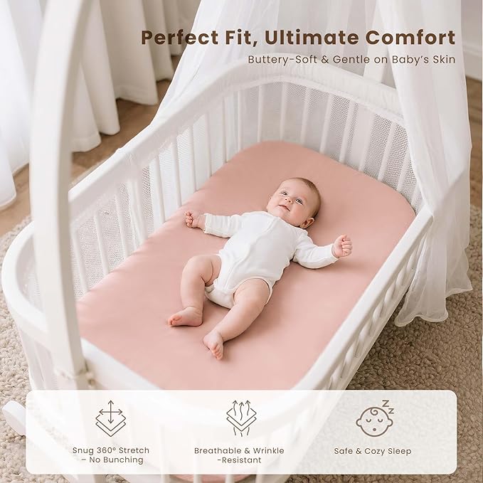 Konssy 3 Pack Stretchy Bassinet Sheets for Baby Girl Boy, Soft Breathable Baby Bassinet Mattress Sheets Fit for Hourglass Oval Cradle, Moses Basket Rectangle Mattress (Pink Spring)