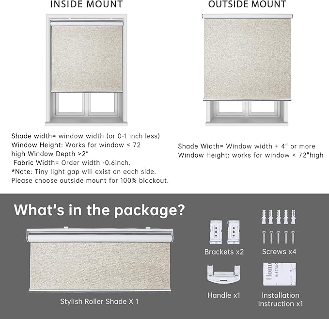 Homebox Cordless Blackout Roller Shades for Windows, 100% Room Darkening Blinds with Thermal Insulated Easy Install Spring System for Home, Living Room, Nursery (55" W x 72" H, Beige)