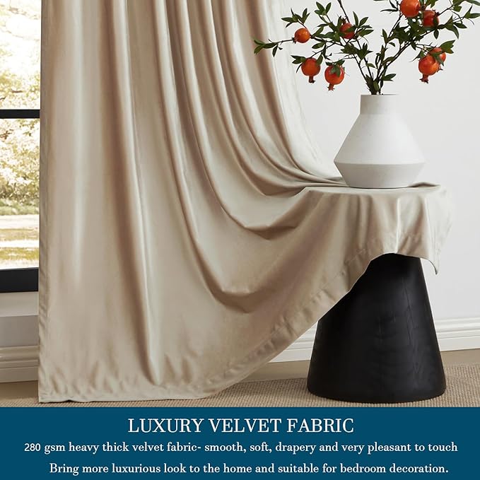 PRIMROSE Champagne Polyester Velvet Curtains 108 inch Long for Living Room,Set of 2 Panels Blackout Rod Pocket Back Tab Window Treatment Room Darkening Heavy Decorative Curtains Drapes for Bedroom