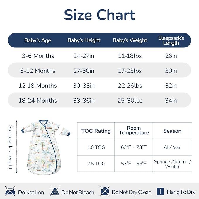 Baby Sleep Sack 12–18 Months, Cotton Sleep Sack with Detachable Long Sleeves, 1.0 TOG Wearable Blanket for Cooler Nights, 2-Way Zipper Toddler Sleeping Sack with Temperature Strip, Dinosaur