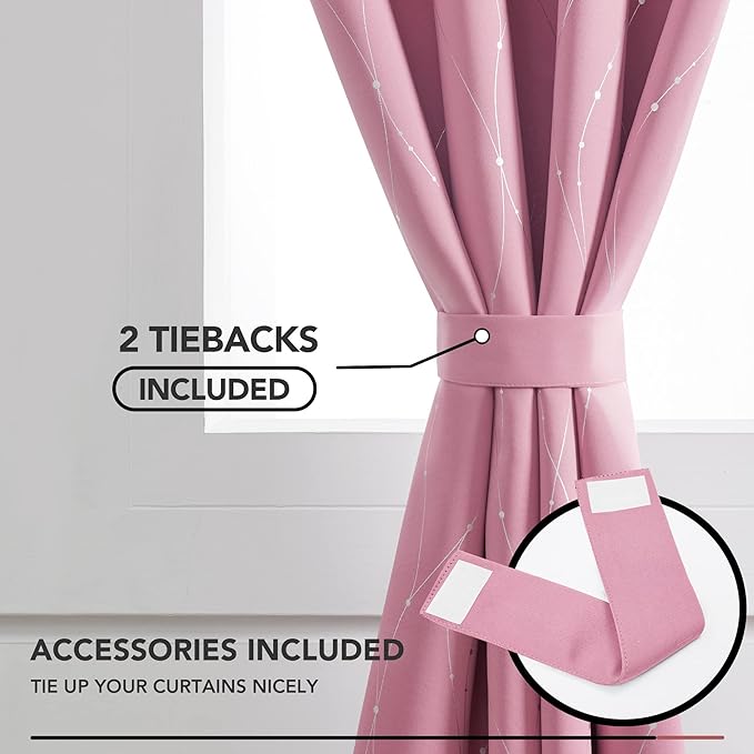Deconovo Pink Curtains, Blackout Drapes, Thermal Insulated Soundproof Curtain, Silver Wave Dot Print, 52 x 108 Inch Long, Machine Washable Window Panels for Girls Bedroom Living Room Nursery, Set of 2