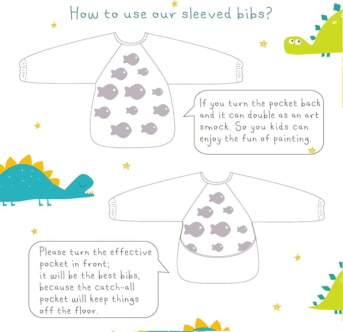 Hi Sprout Infant Toddler Baby Waterproof Sleeved Bib, Bib with Sleeves&Pocket, 6-24 Months