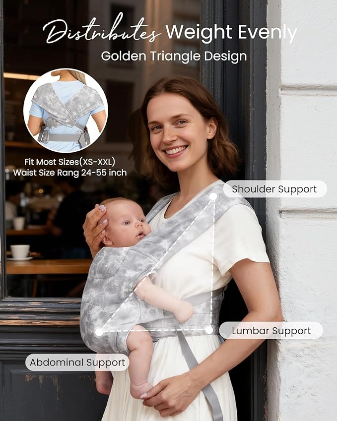 HEYVALUE Baby Carrier Newborn to Toddler(7-35lbs), Ergonomic Cross-Back Wraps with Adjustable Straps, Newborn Carrier with Effortless Put-On, Head Support for Hands-Free Comfort, TieDyeGray