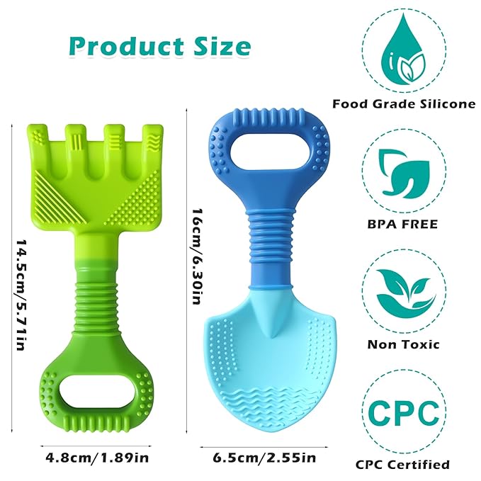 Gardening Tool Baby Teething Toys - Shovel & Rake Silicone Teethers for Babies 3-12 Months, Freezer-Safe Chew Toys for Teething Relief & Sensory Development, Ideal Stocking Stuffers & Christmas Gifts