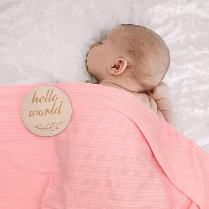 BQUBO Baby Swaddle Blankets for Girls, 4PCS Newborn Accessories Set with Hat and Bow Headband with Hello World Wooden Birth Announcement Card, Baby Blankets for Girls (Pink)