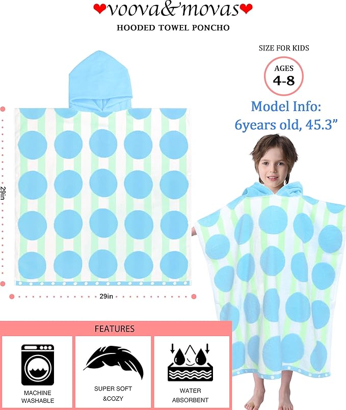 VOOVA & MOVAS Kids Poncho Towels with Hood (4-8Years), Absorbent Quick Dry Lightweight Hooded Beach Towel for Pool | Swim | Bath, Blue Dot Strip