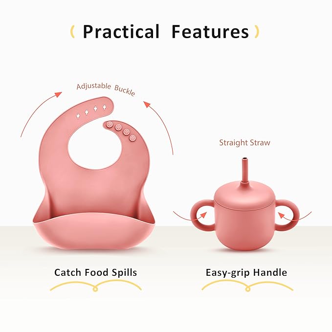 Bufims Silicone Baby Feeding Set, Baby Led Weaning Supplies, Eating Essentials Utensils with Suction Plate and Bowl, Pocket Bib, Sippy Cup with Lid, Forks Spoons Snack Container, for 6+ Months, Pink