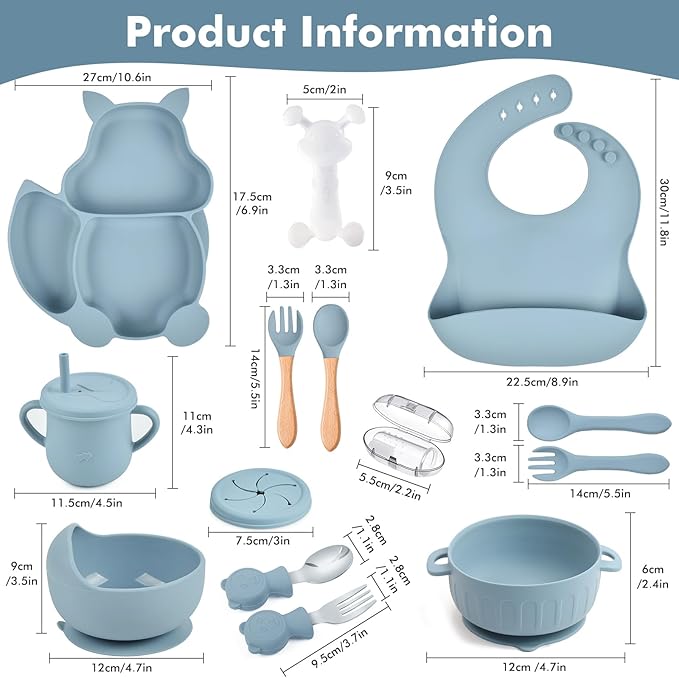 Silicone Baby Feeding Set 15 Pcs，Baby Plates,Baby Spoons Suction Bowl Divided Plate Bib Cup Finger Brush Training cups,Baby Led Weaning Supplies（blue）